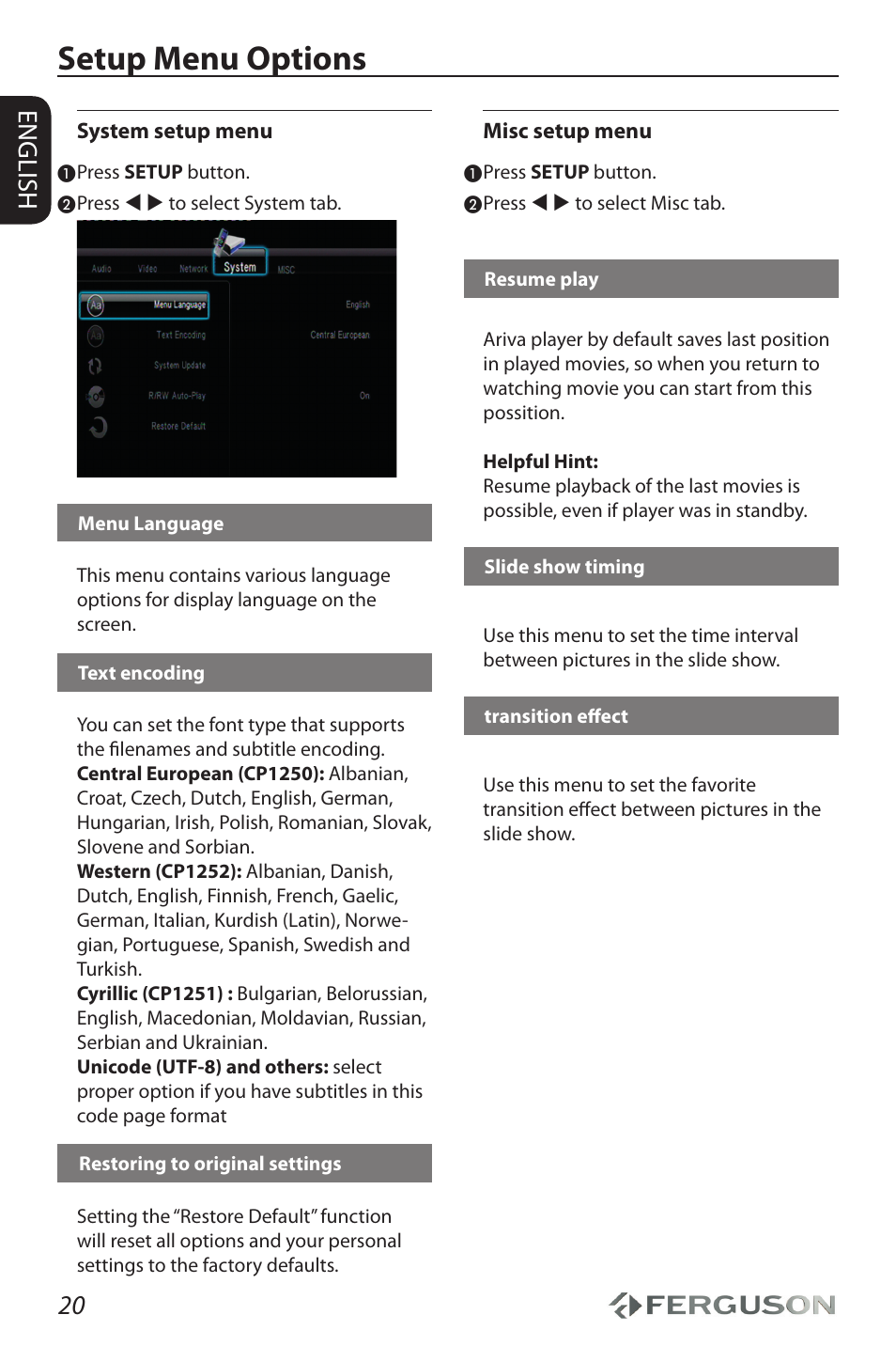 Setup menu options, 20 english | Ferguson Ariva HDplayer 110 User Manual | Page 24 / 30