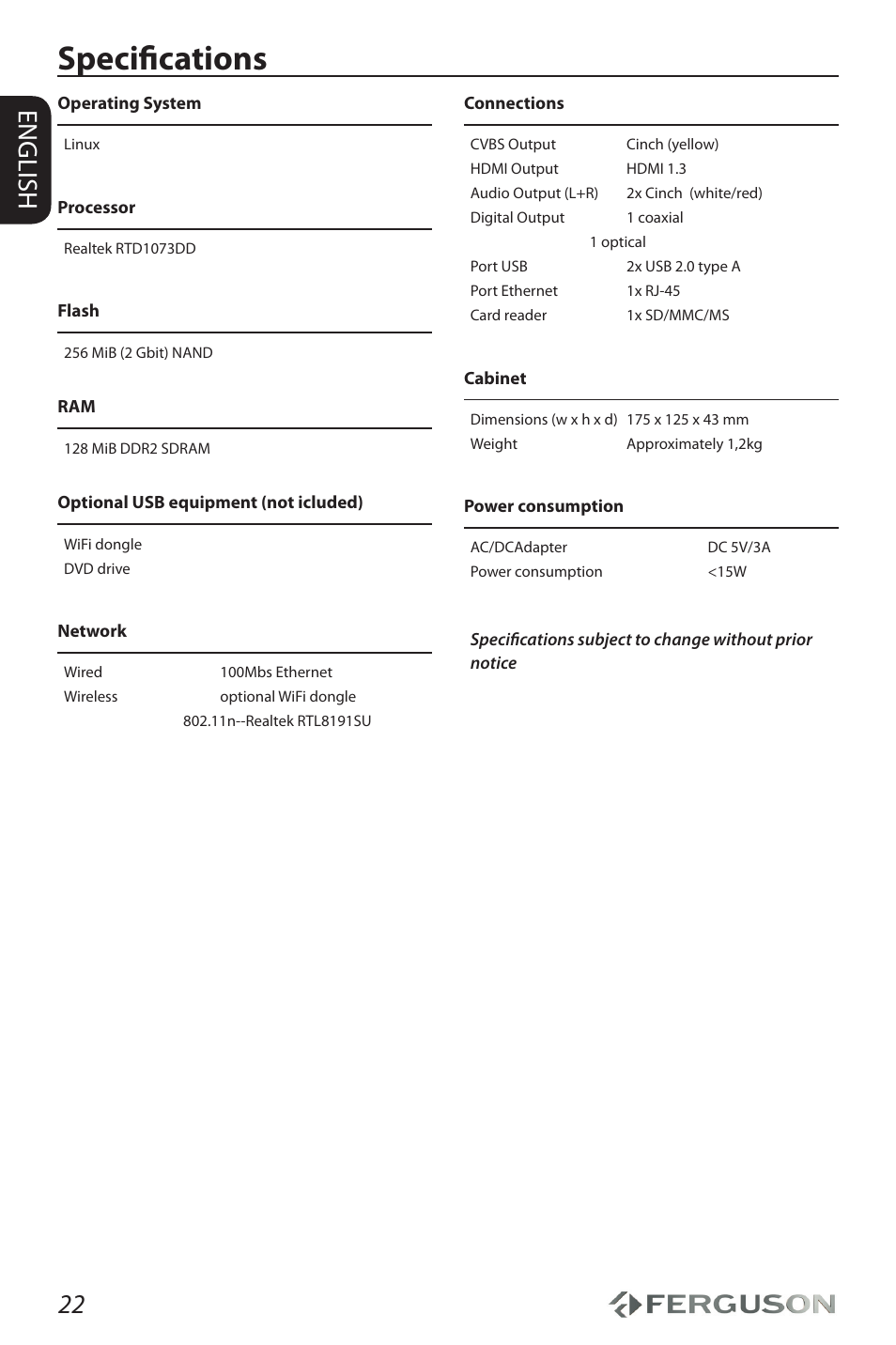 Specifications, 22 english | Ferguson Ariva HDplayer 110 User Manual | Page 26 / 30