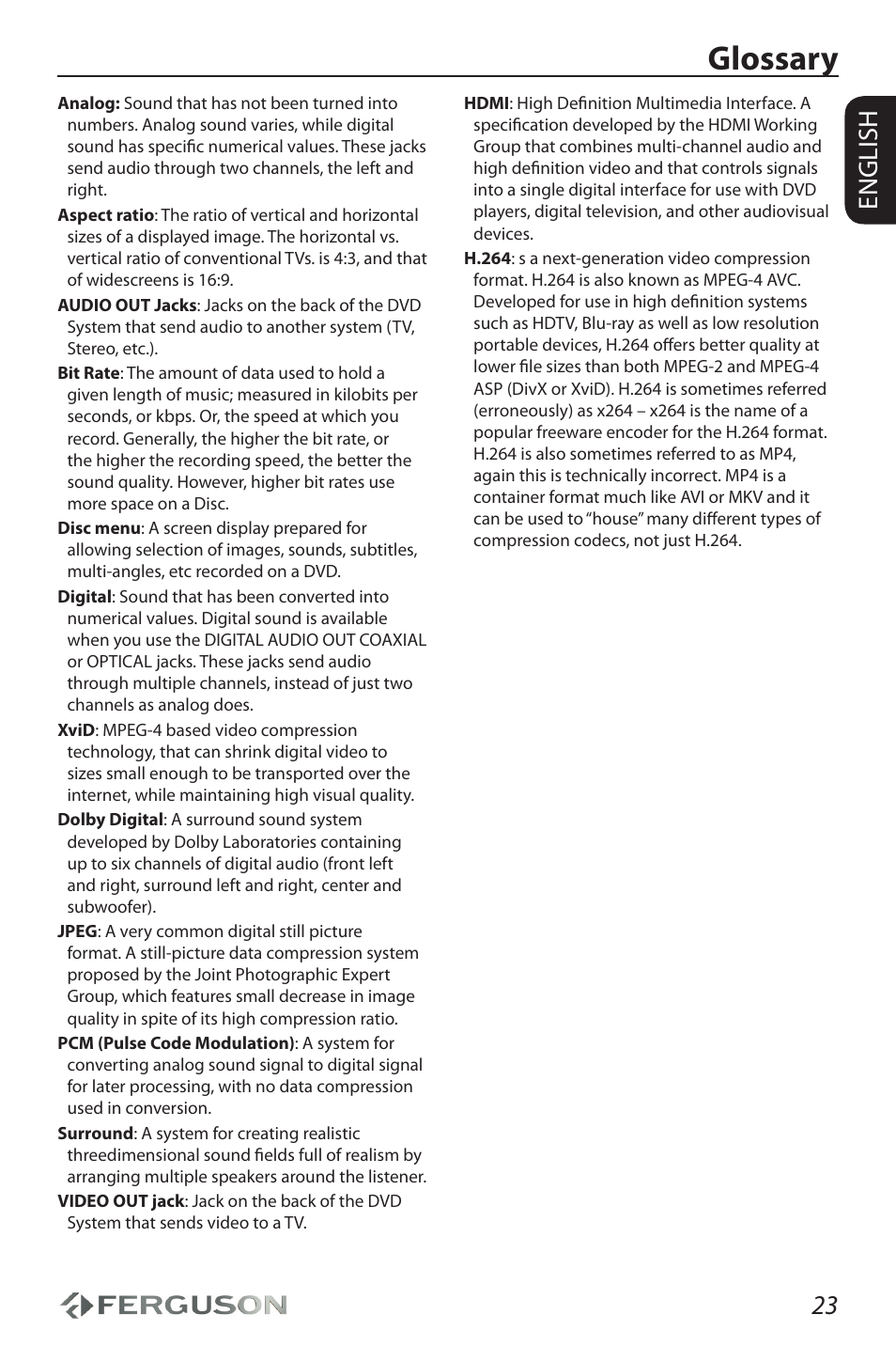 Glossary, 23 english | Ferguson Ariva HDplayer 110 User Manual | Page 27 / 30