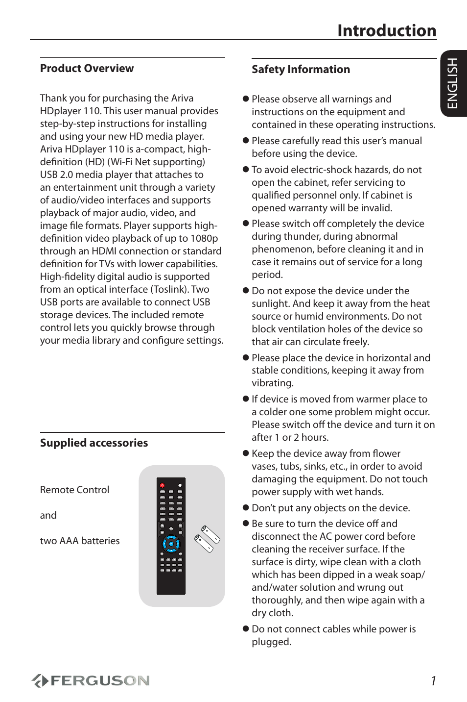 Introduction, 1english | Ferguson Ariva HDplayer 110 User Manual | Page 5 / 30