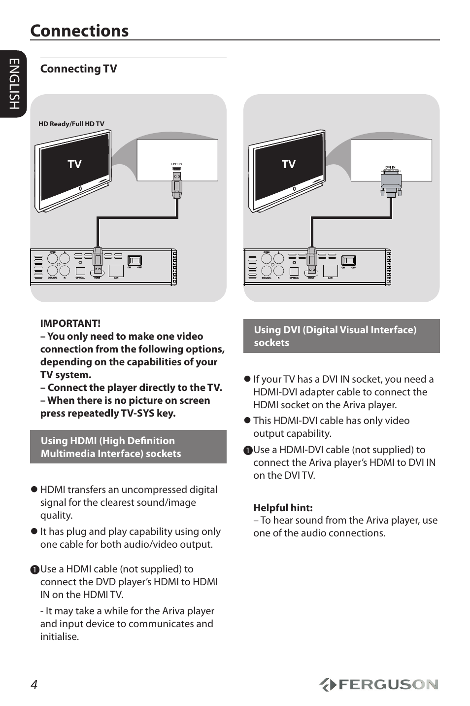 Connections, English | Ferguson Ariva HDplayer 110 User Manual | Page 8 / 30