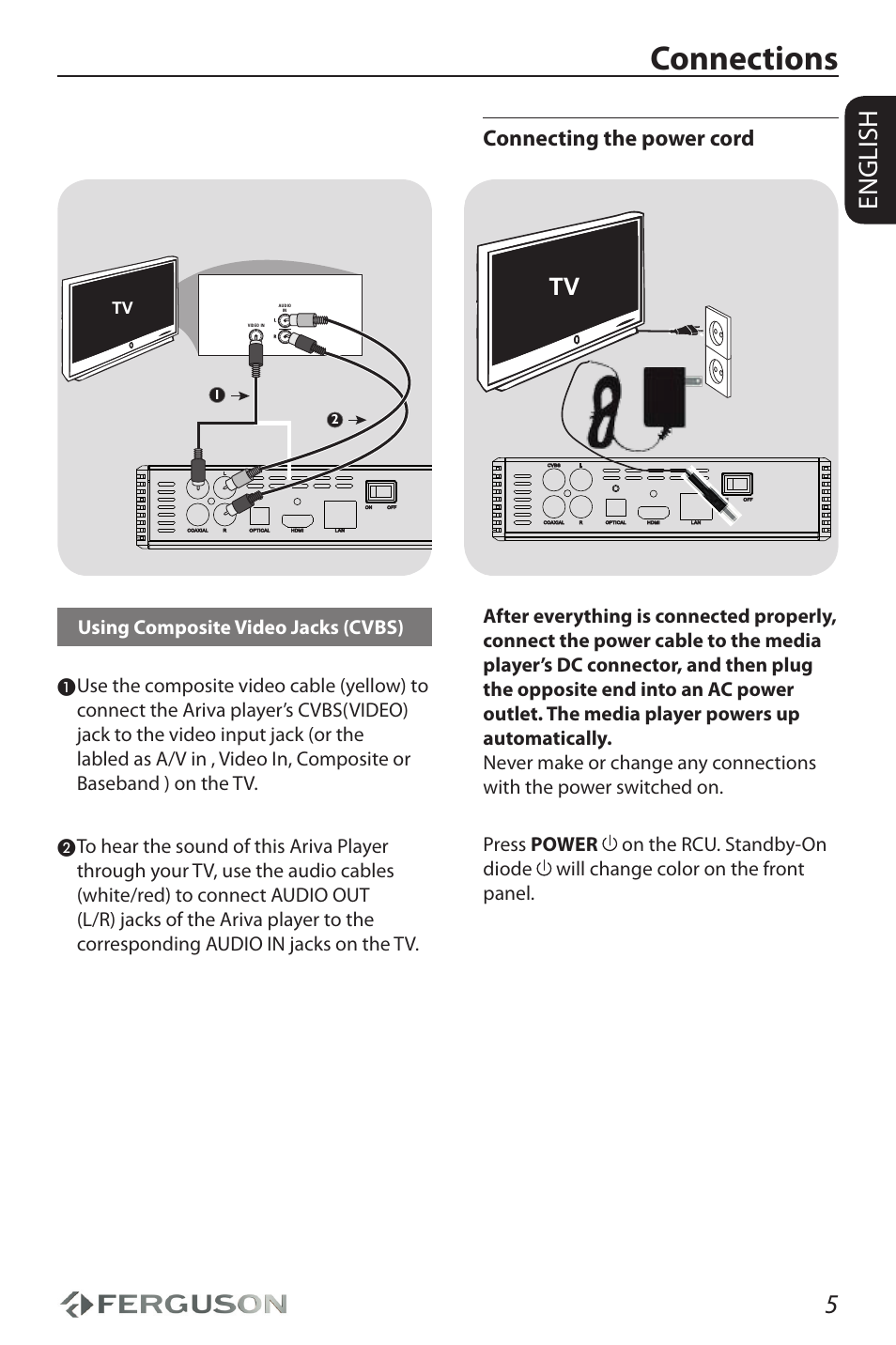 Connections, English, Connecting the power cord | Ferguson Ariva HDplayer 110 User Manual | Page 9 / 30