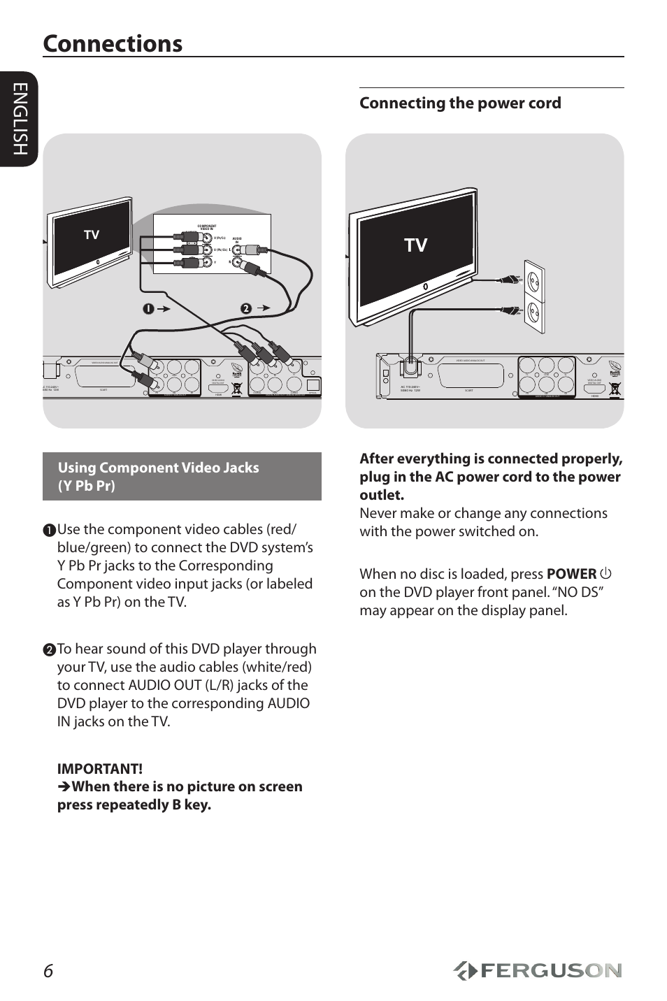 Connections, English, Connecting the power cord | Using component video jacks (y pb pr) | Ferguson D-990 HX User Manual | Page 10 / 38