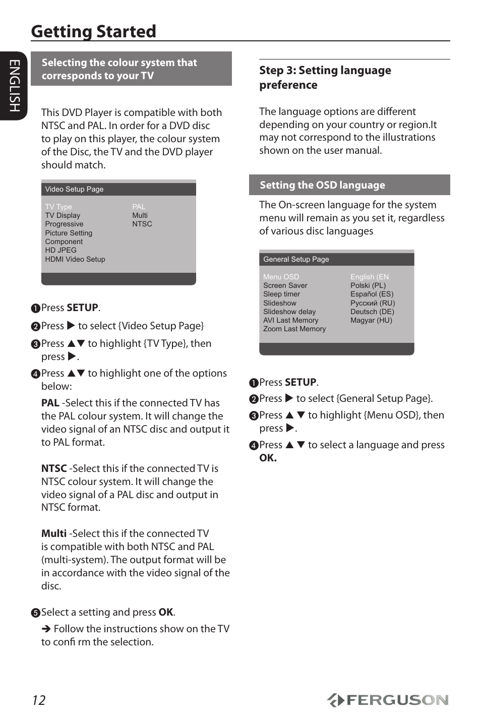 Getting started, 12 english, Step 3: setting language preference | Ferguson D-990 HX User Manual | Page 16 / 38