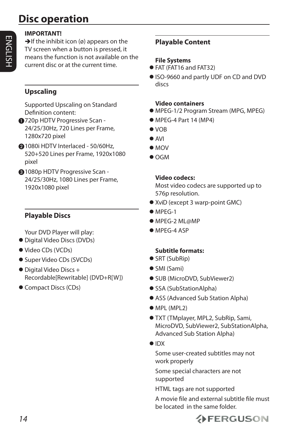 Disc operation, 14 english | Ferguson D-990 HX User Manual | Page 18 / 38