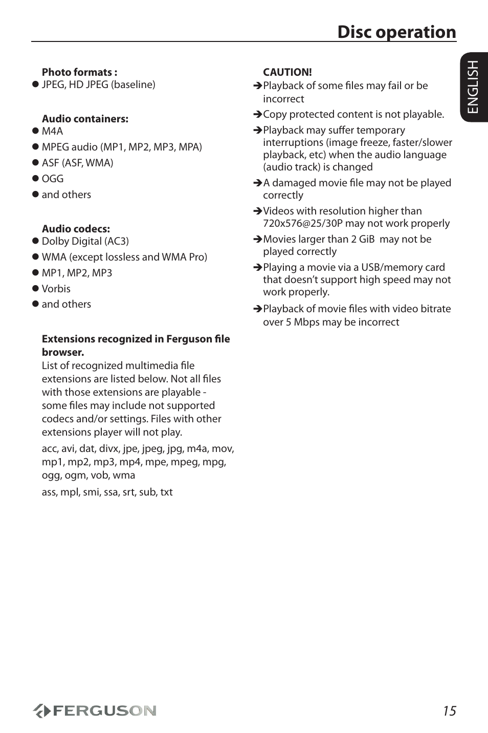 Disc operation, 15 english | Ferguson D-990 HX User Manual | Page 19 / 38