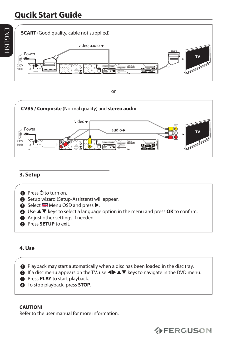 Qucik start guide, English, Setup | Scart (good quality, cable not supplied), Press to turn on, Setup wizard (setup-assistent) will appear, Select menu osd and press, Adjust other settings if needed, Press setup to exit, Press play to start playback | Ferguson D-990 HX User Manual | Page 2 / 38