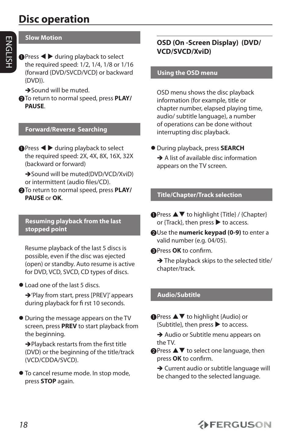 Disc operation, 18 english | Ferguson D-990 HX User Manual | Page 22 / 38