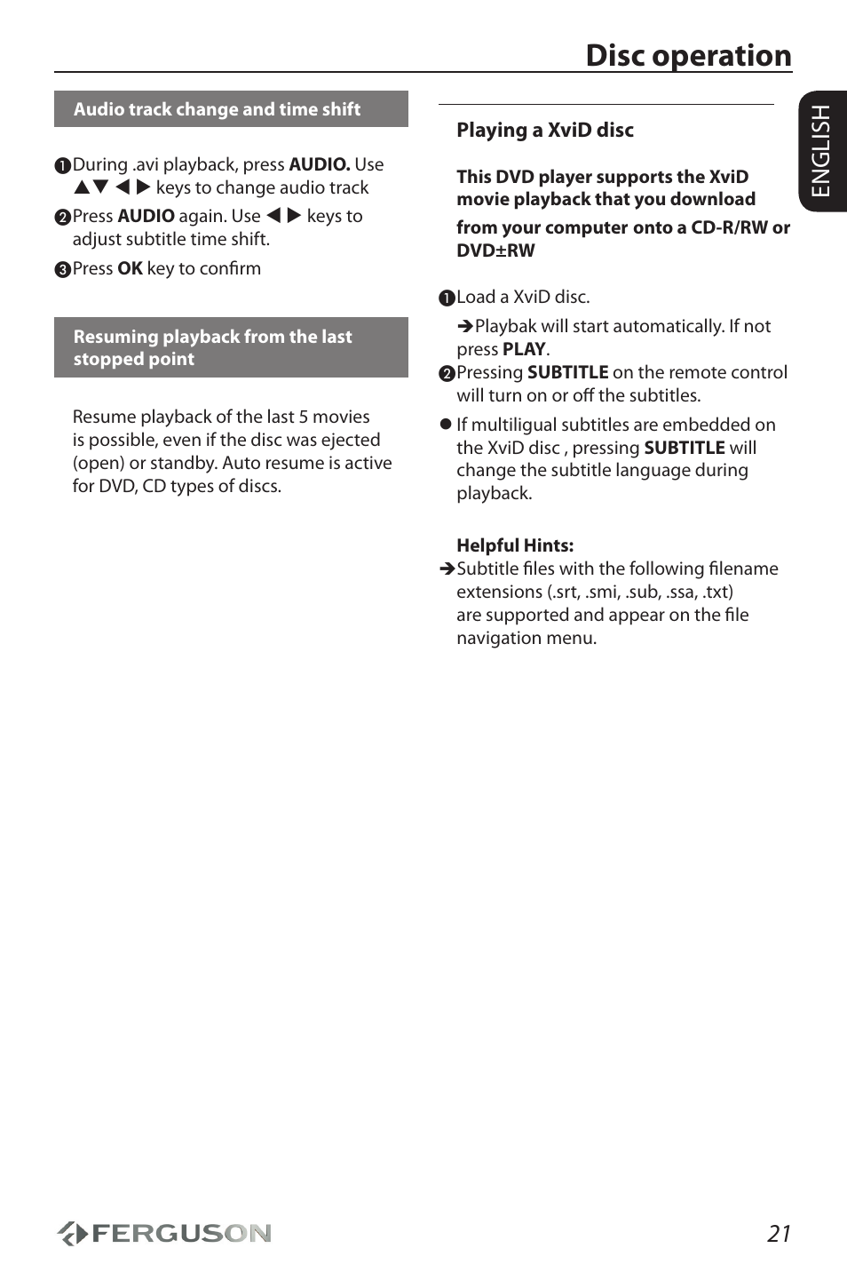 Disc operation, 21 english | Ferguson D-990 HX User Manual | Page 25 / 38