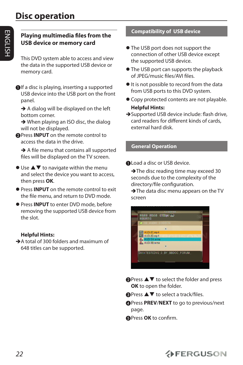 Disc operation, 22 english | Ferguson D-990 HX User Manual | Page 26 / 38