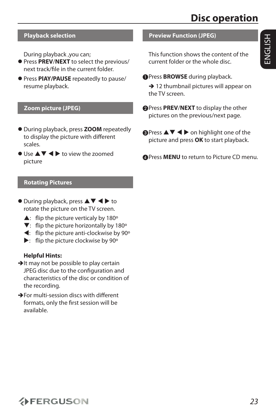 Disc operation, 23 english | Ferguson D-990 HX User Manual | Page 27 / 38