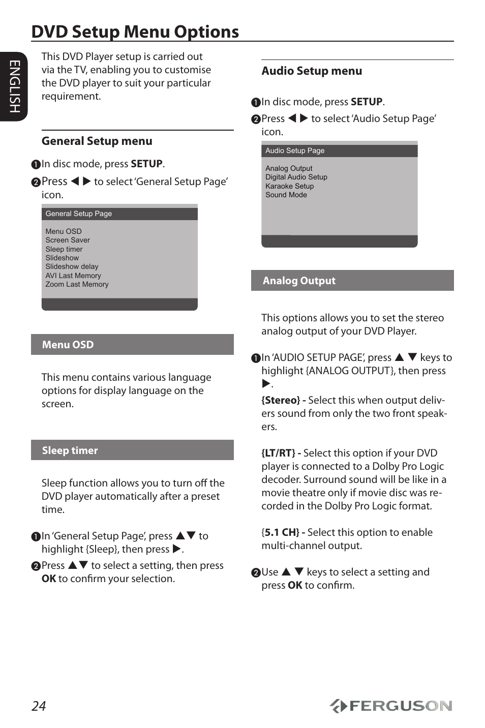 Dvd setup menu options, 24 english, General setup menu | Press, Audio setup menu | Ferguson D-990 HX User Manual | Page 28 / 38