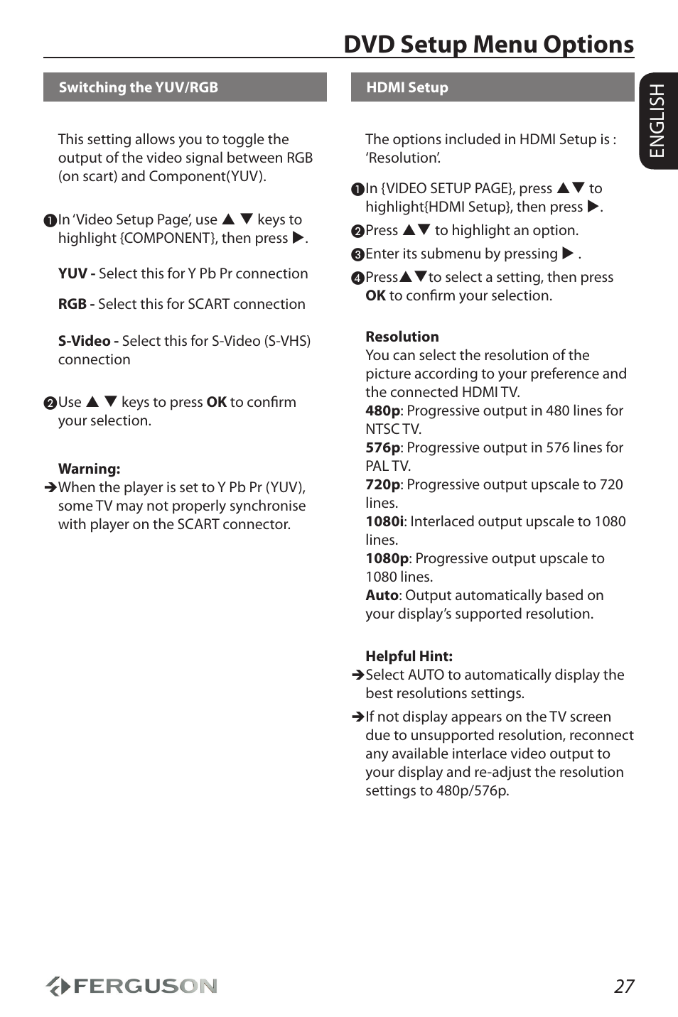 Dvd setup menu options, 27 english | Ferguson D-990 HX User Manual | Page 31 / 38