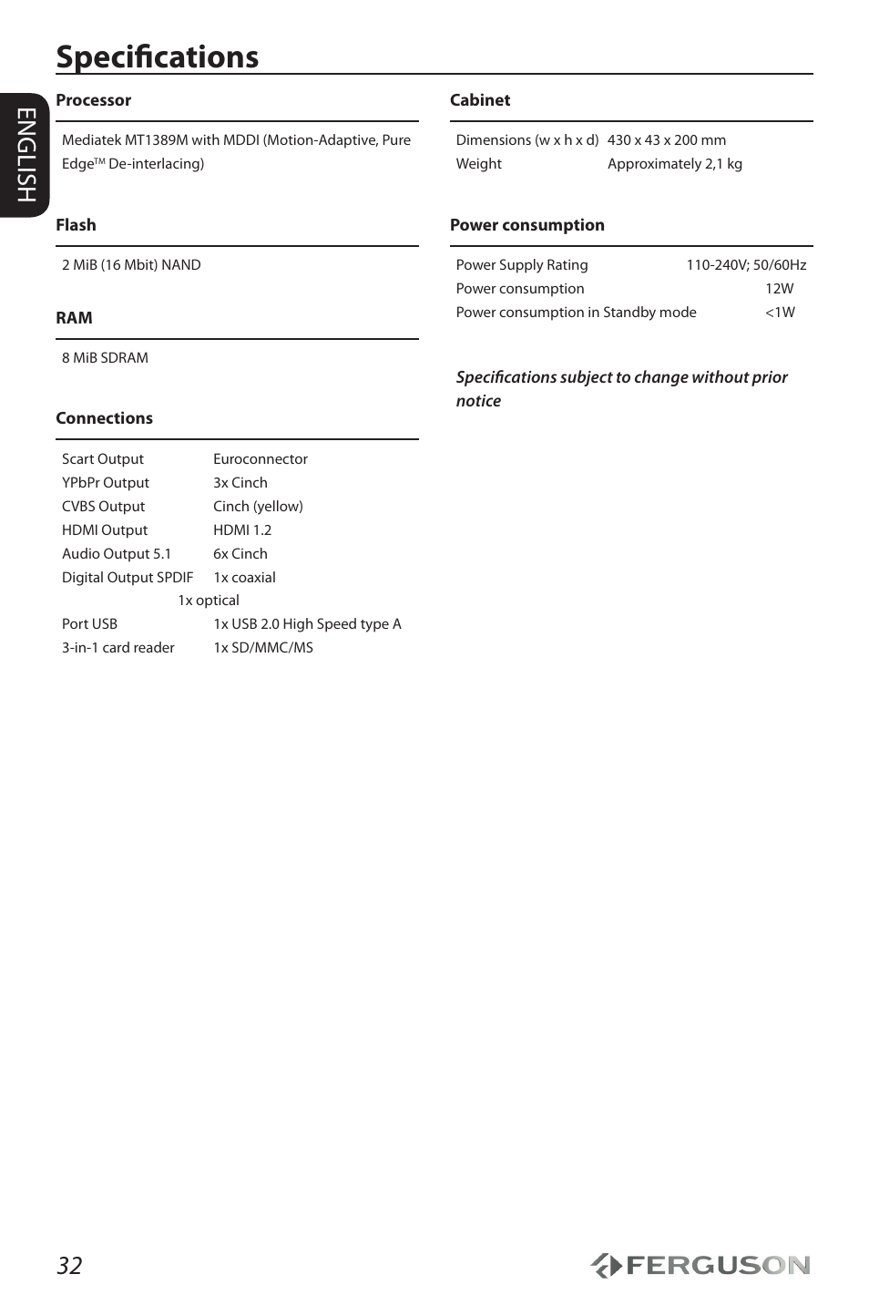 Specifications, 32 english | Ferguson D-990 HX User Manual | Page 36 / 38