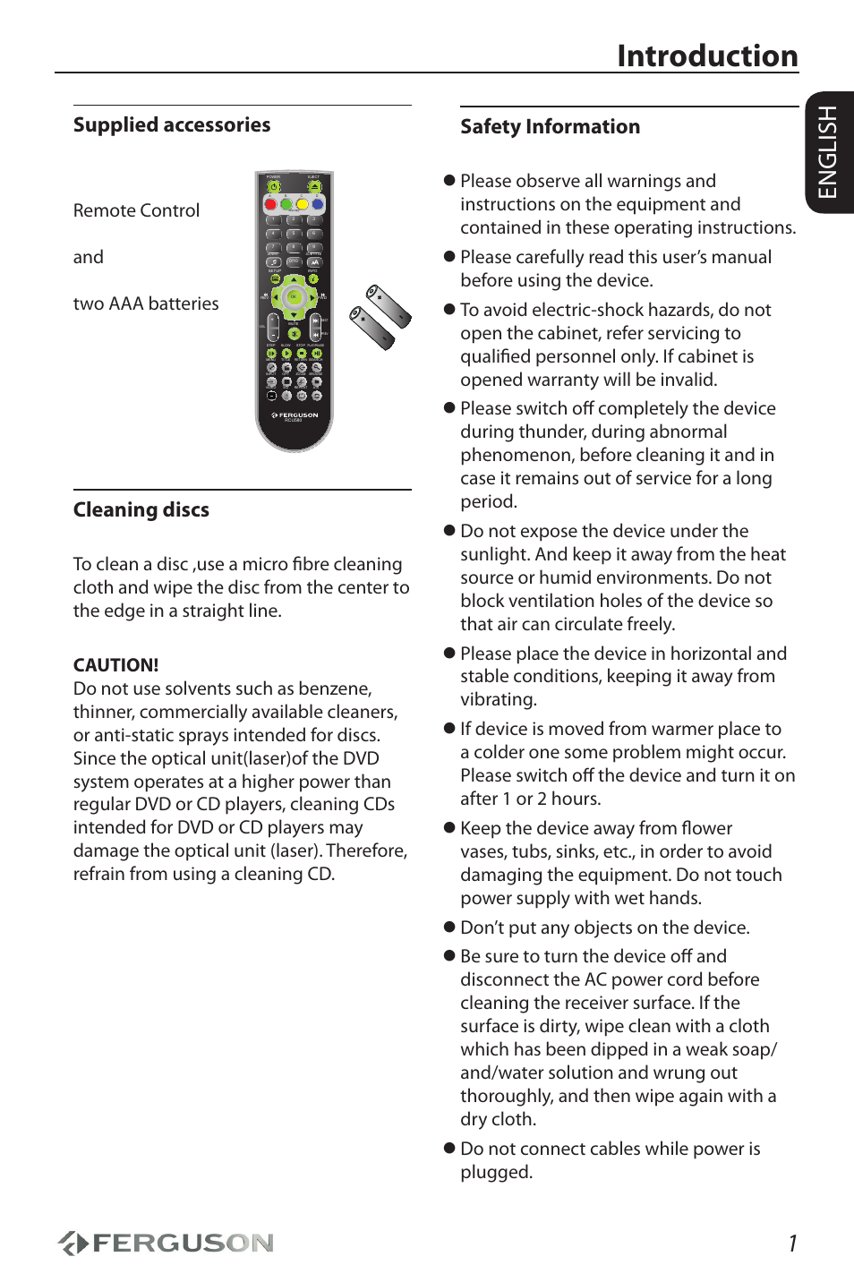 Introduction, English, Supplied accessories | Cleaning discs, Safety information, Remote control and two aaa batteries | Ferguson D-990 HX User Manual | Page 5 / 38