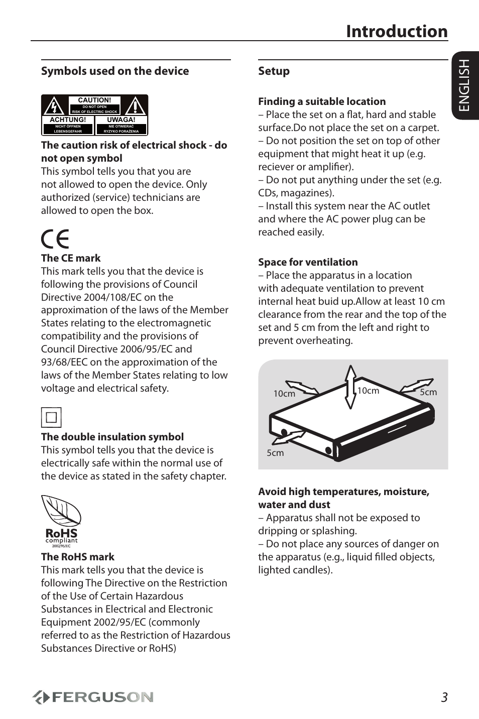 Introduction, 3english, Setup | Symbols used on the device | Ferguson D-990 HX User Manual | Page 7 / 38