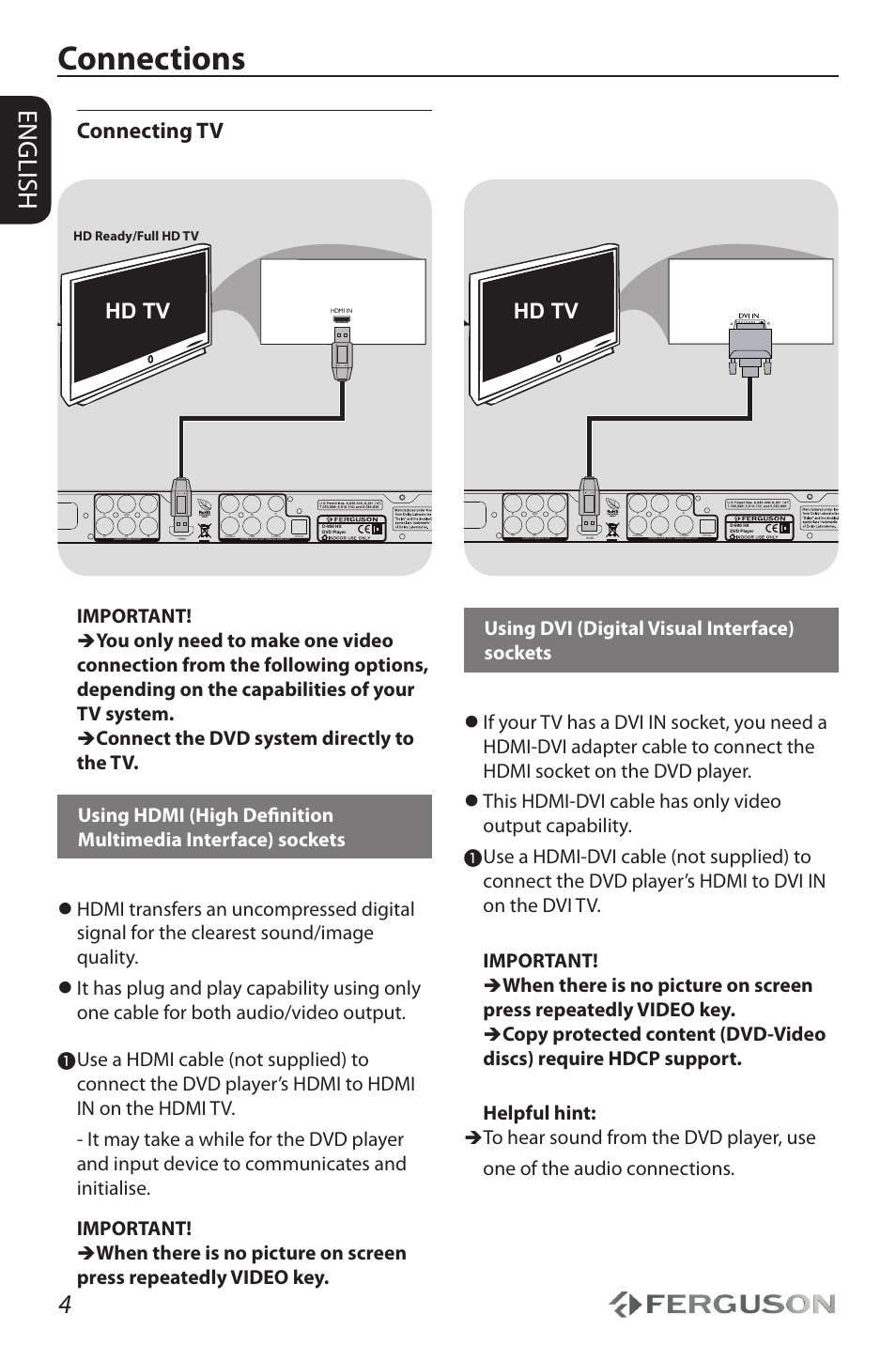 Connections, English, Connecting tv | Hd tv, Important | Ferguson D-990 HX User Manual | Page 8 / 38