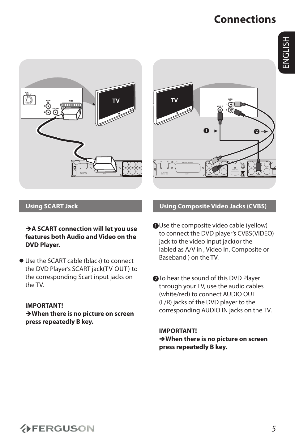 Connections, English, Using scart jack | Ferguson D-990 HX User Manual | Page 9 / 38