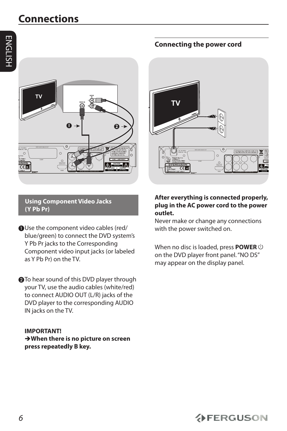 Connections, English, Connecting the power cord | Using component video jacks (y pb pr) | Ferguson D-690 User Manual | Page 10 / 38