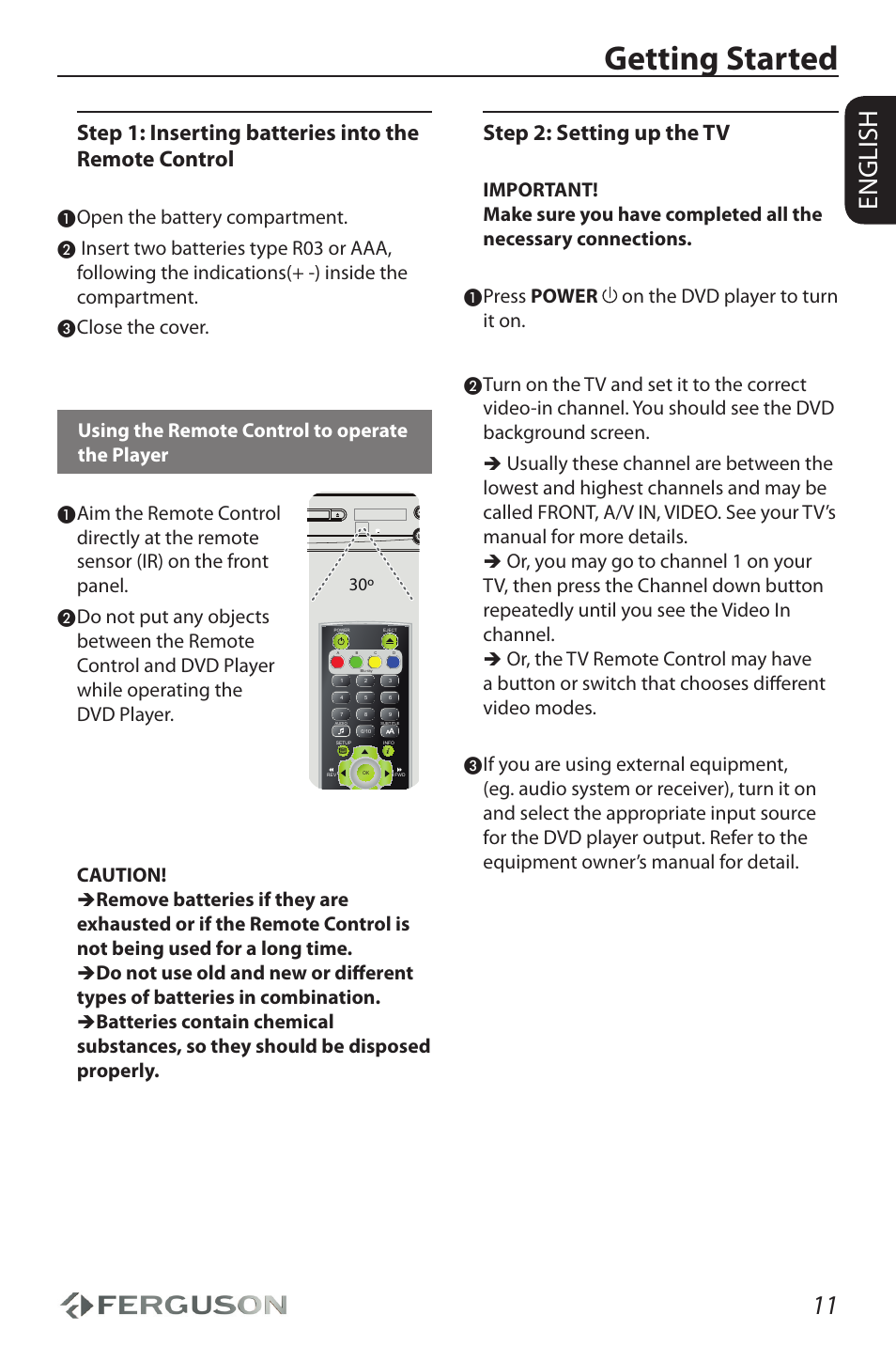 Getting started, English, Step 2: setting up the tv | Open the battery compartment, Press power on the dvd player to turn it on | Ferguson D-690 User Manual | Page 15 / 38