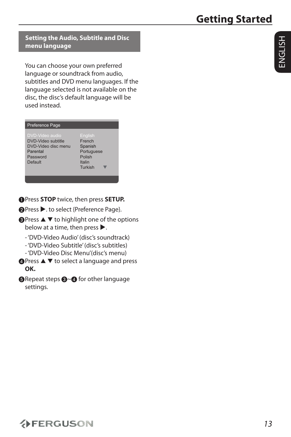 Getting started, 13 english | Ferguson D-690 User Manual | Page 17 / 38