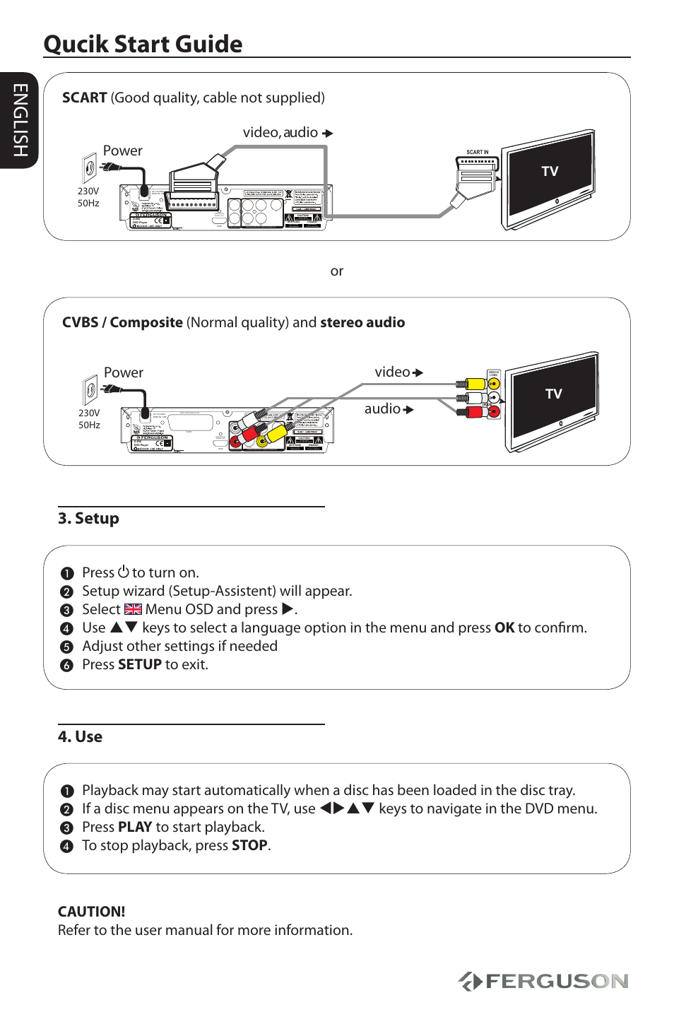 Qucik start guide, English, Setup | Scart (good quality, cable not supplied), Video, audio power, Video audio power, Press to turn on, Setup wizard (setup-assistent) will appear, Select menu osd and press, Adjust other settings if needed | Ferguson D-690 User Manual | Page 2 / 38
