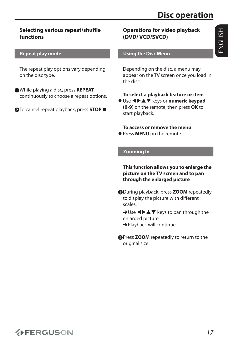 Disc operation, 17 english | Ferguson D-690 User Manual | Page 21 / 38
