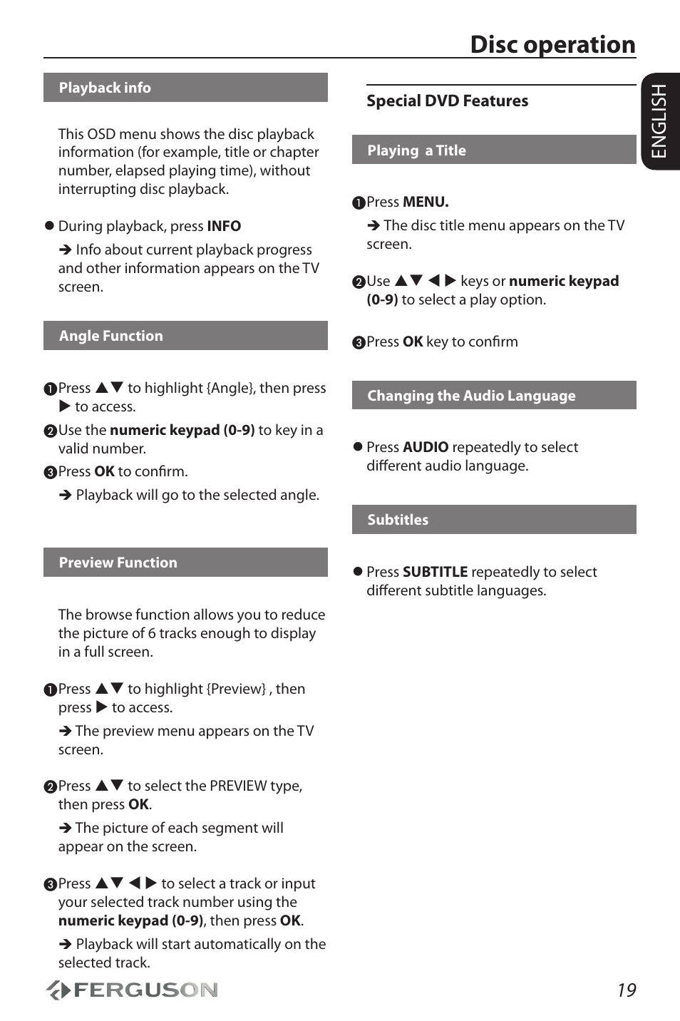 Disc operation, 19 english | Ferguson D-690 User Manual | Page 23 / 38
