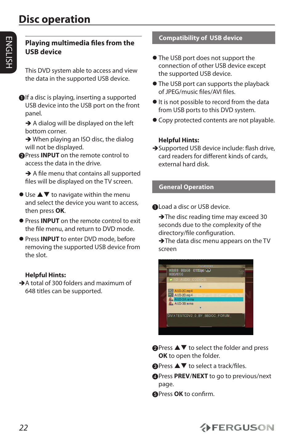 Disc operation, 22 english | Ferguson D-690 User Manual | Page 26 / 38