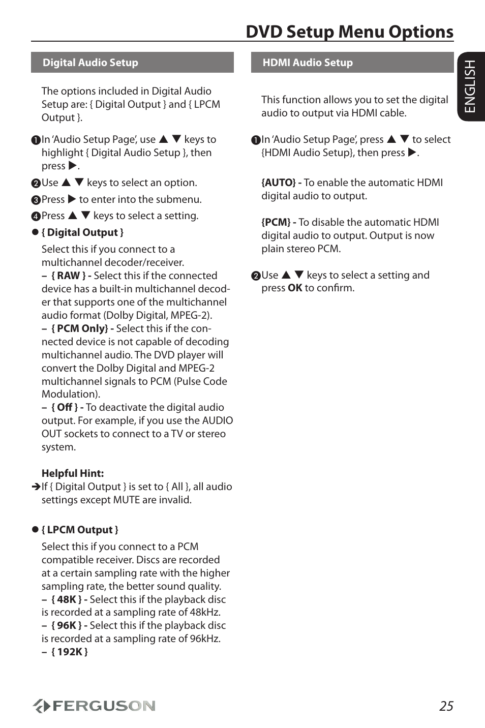 Dvd setup menu options, 25 english | Ferguson D-690 User Manual | Page 29 / 38