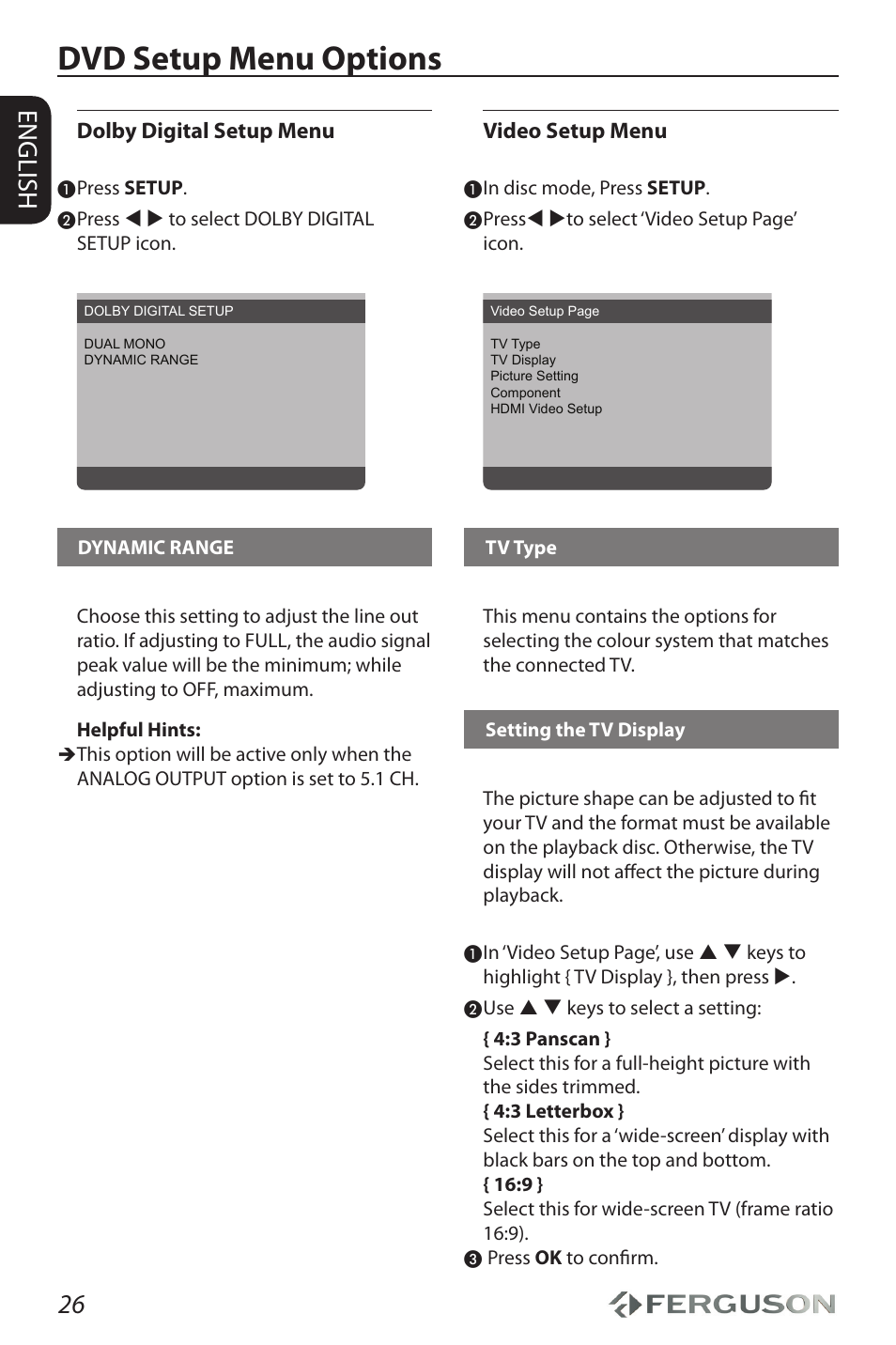 Dvd setup menu options, 26 english, Dolby digital setup menu | Video setup menu | Ferguson D-690 User Manual | Page 30 / 38