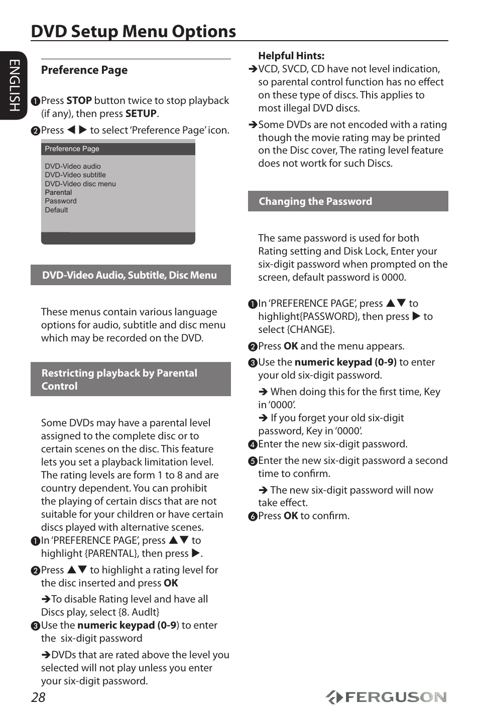 Dvd setup menu options, 28 english, Preference page | Ferguson D-690 User Manual | Page 32 / 38