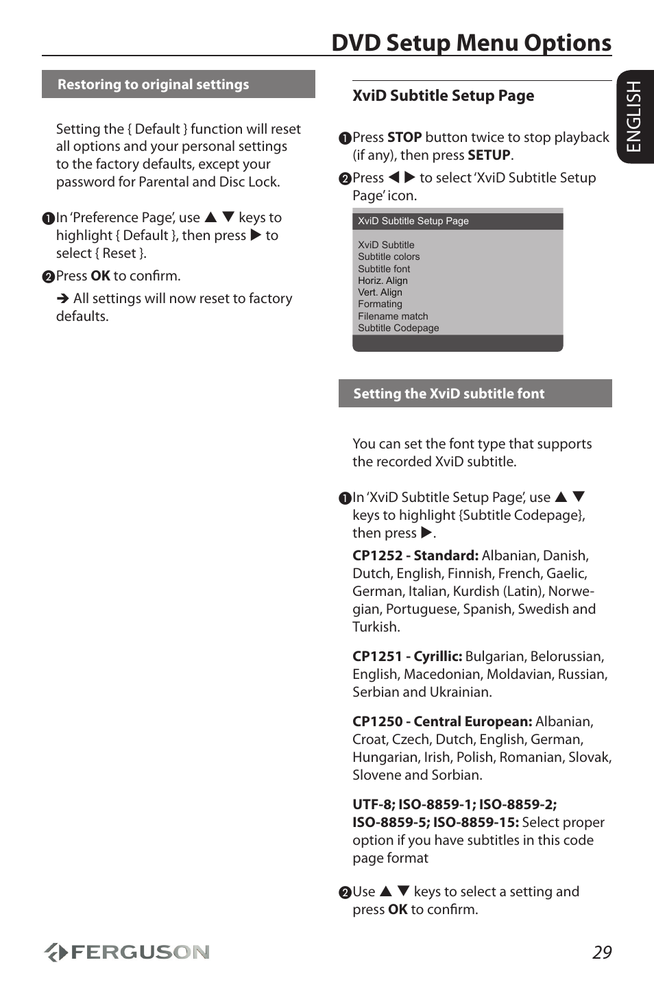 Dvd setup menu options, 29 english, Xvid subtitle setup page | Ferguson D-690 User Manual | Page 33 / 38