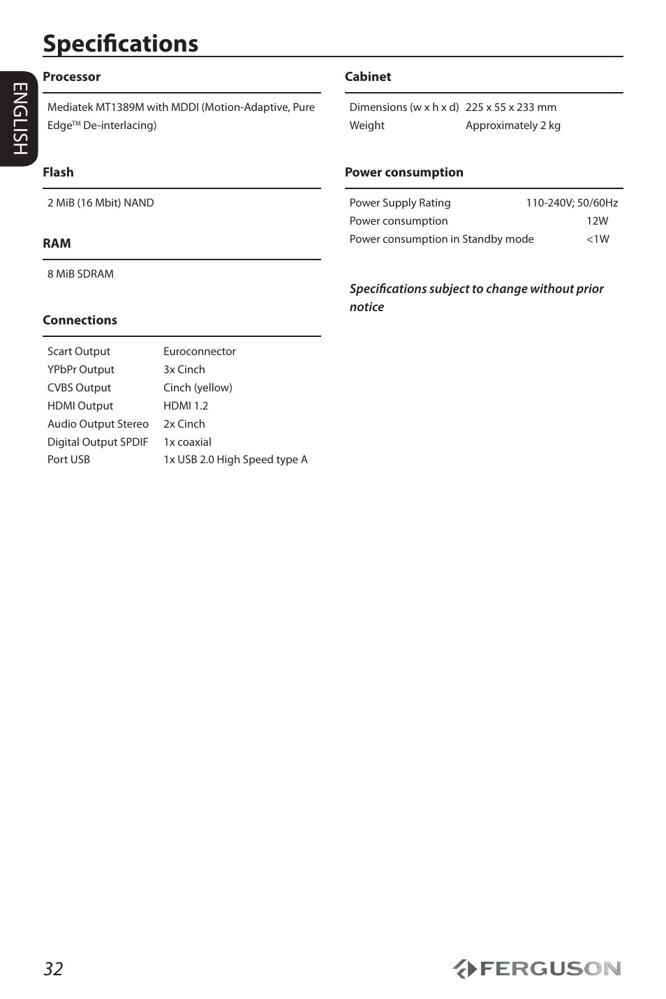 Specifications, 32 english | Ferguson D-690 User Manual | Page 36 / 38
