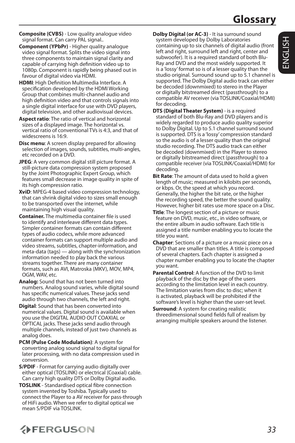 Glossary, 33 english | Ferguson D-690 User Manual | Page 37 / 38