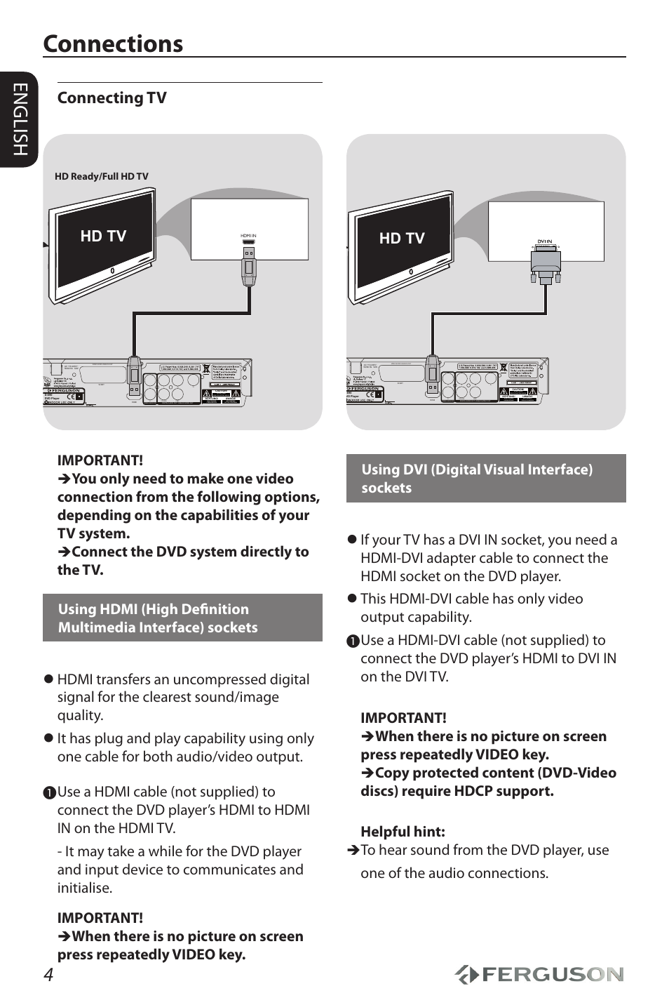 Connections, English, Connecting tv | Hd tv, Important | Ferguson D-690 User Manual | Page 8 / 38