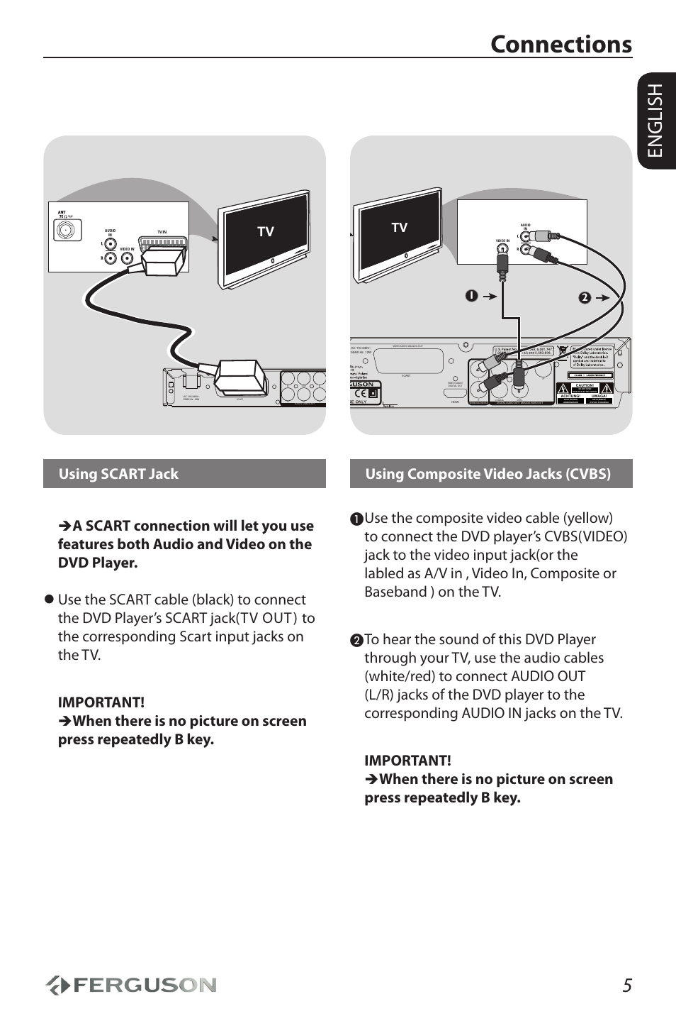 Connections, English, Using scart jack | Ferguson D-690 User Manual | Page 9 / 38