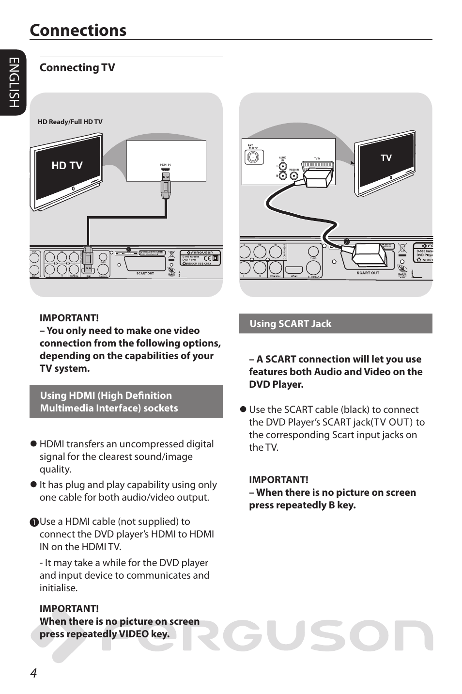 Connections, English, Connecting tv | Hd tv | Ferguson D-580 User Manual | Page 10 / 38