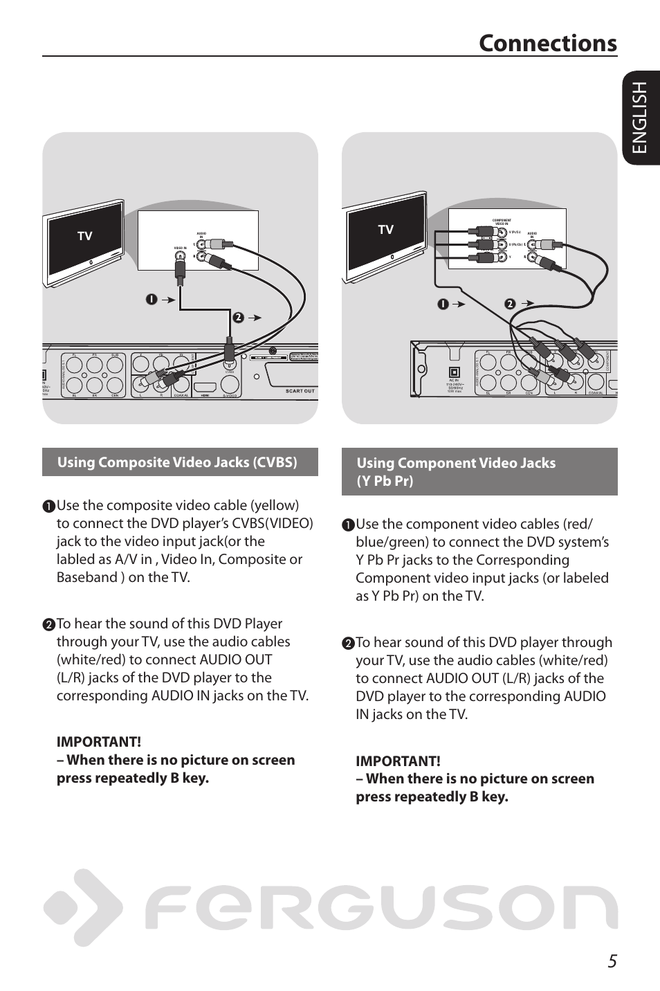 Connections, English, Using composite video jacks (cvbs) | Ferguson D-580 User Manual | Page 11 / 38