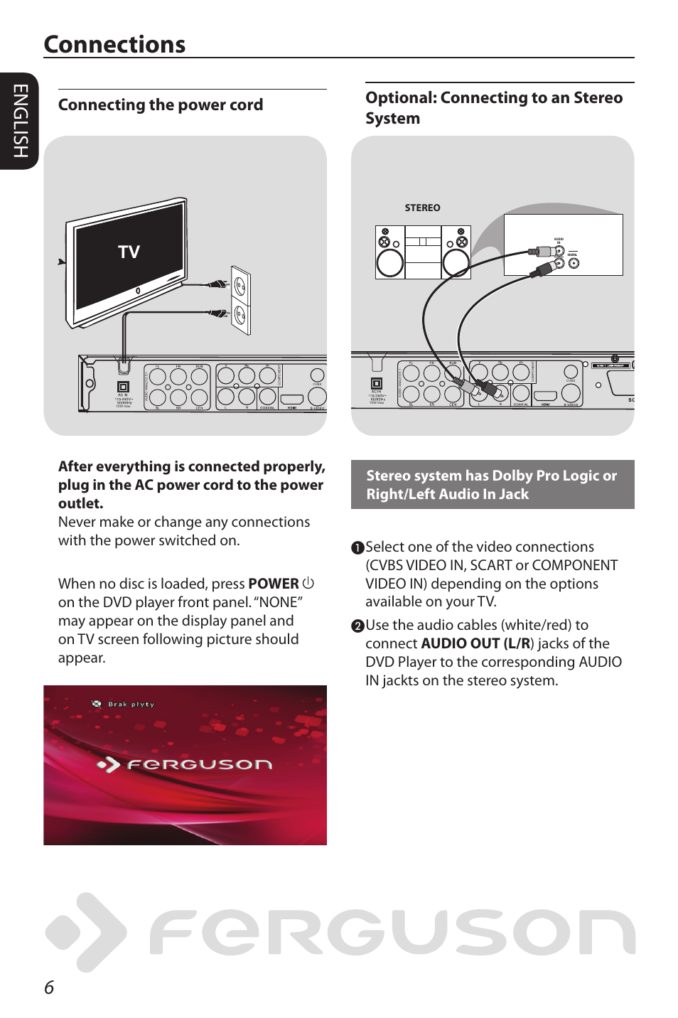 Connections, English, Connecting the power cord | Optional: connecting to an stereo system | Ferguson D-580 User Manual | Page 12 / 38