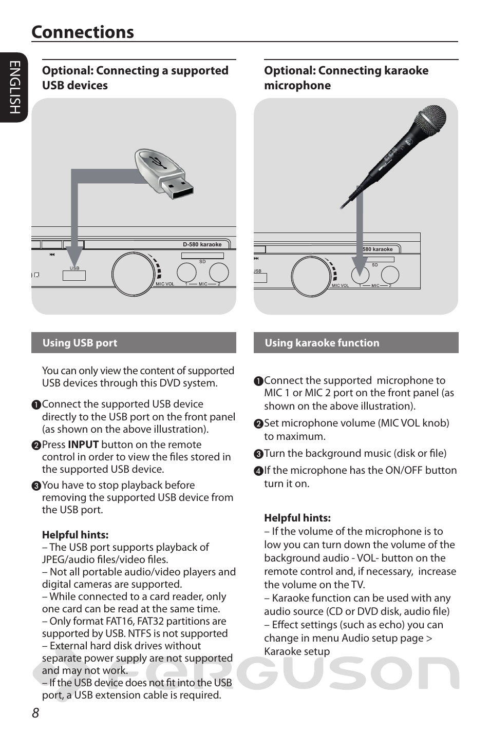 Connections, English | Ferguson D-580 User Manual | Page 14 / 38