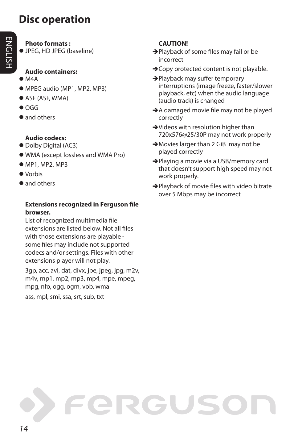 Disc operation, 14 english | Ferguson D-580 User Manual | Page 20 / 38