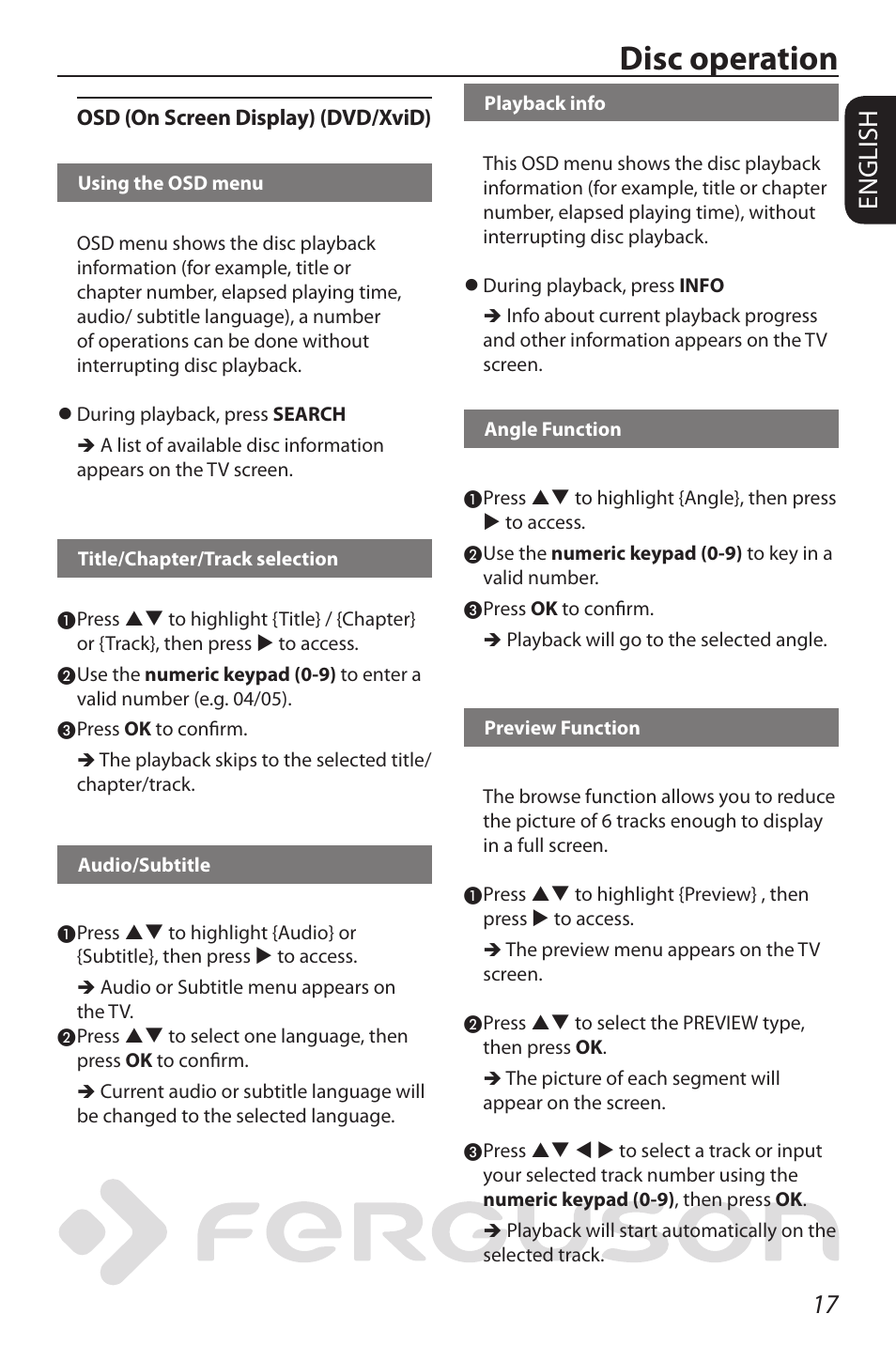 Disc operation, 17 english | Ferguson D-580 User Manual | Page 23 / 38