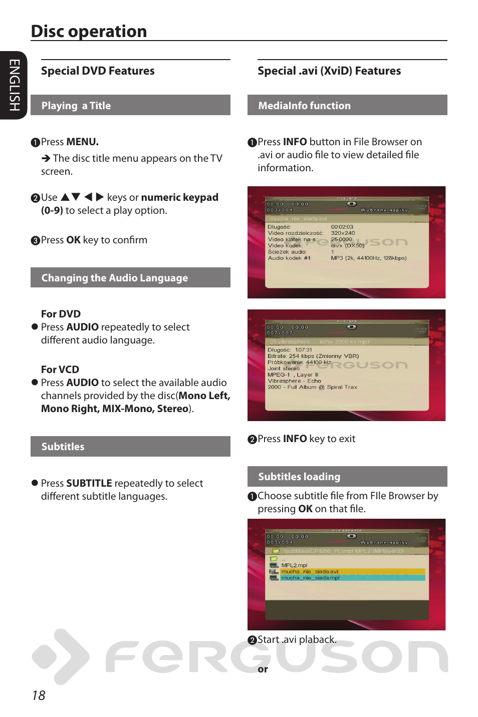Disc operation, 18 english | Ferguson D-580 User Manual | Page 24 / 38