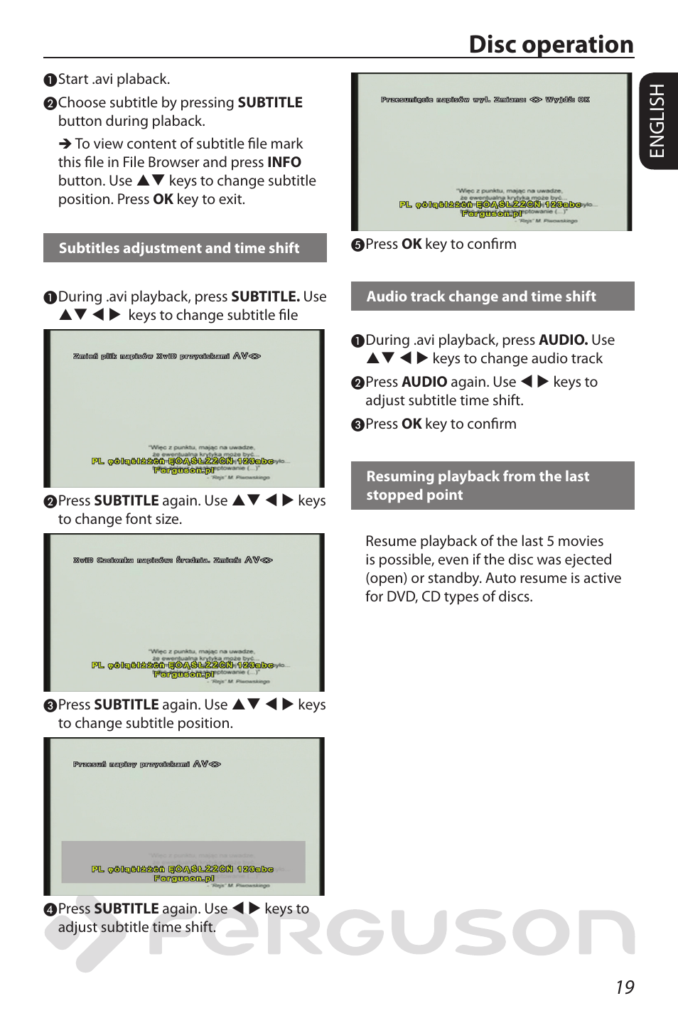 Disc operation, 19 english | Ferguson D-580 User Manual | Page 25 / 38
