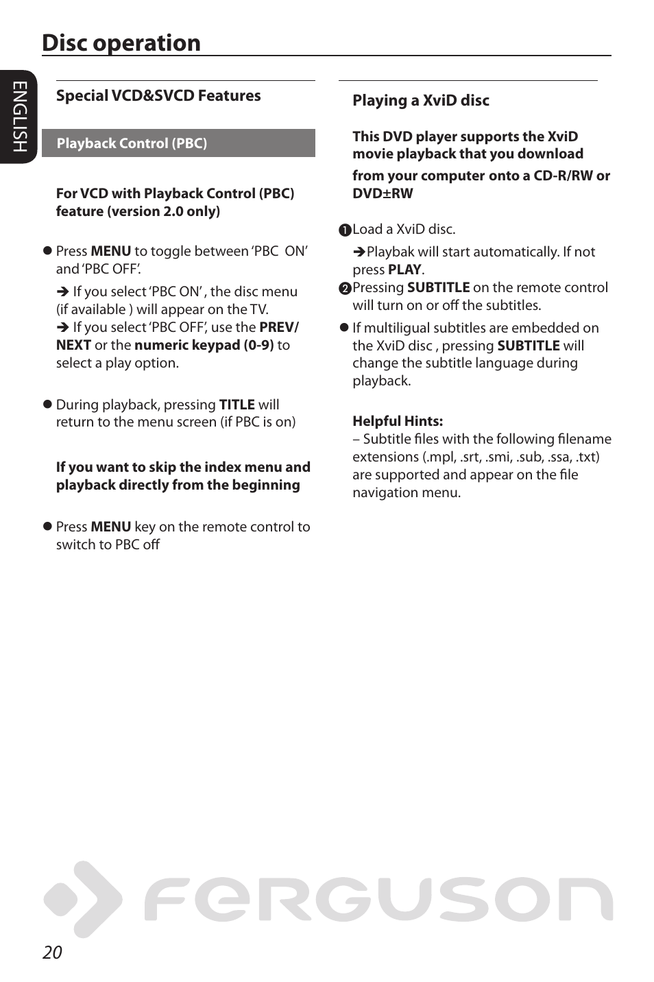 Disc operation, 20 english | Ferguson D-580 User Manual | Page 26 / 38