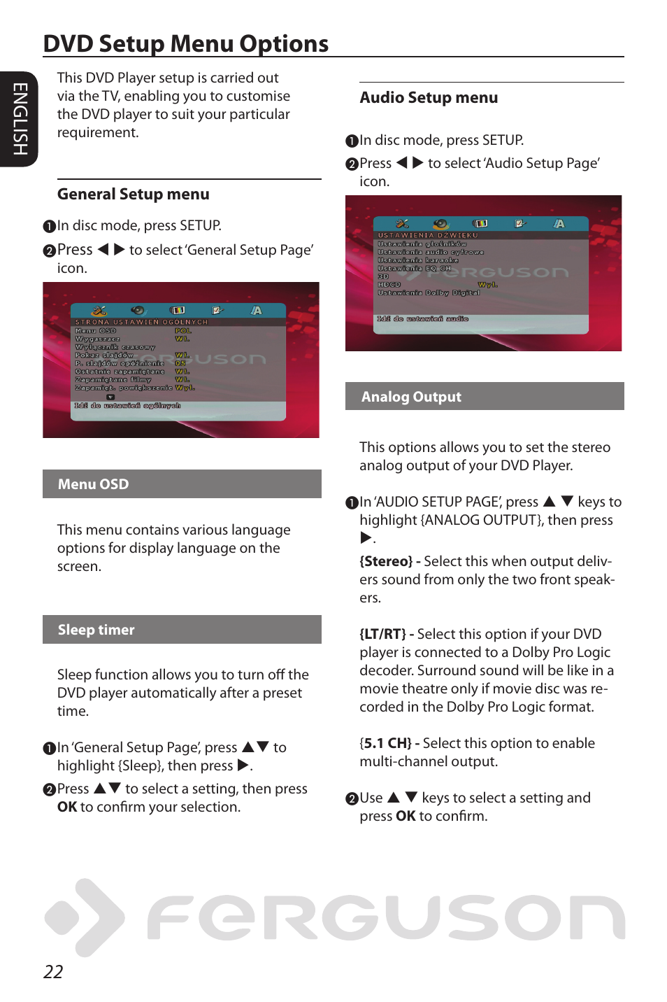 Dvd setup menu options, 22 english | Ferguson D-580 User Manual | Page 28 / 38