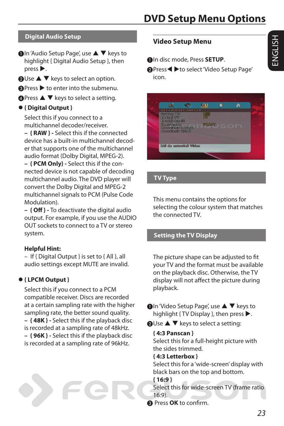 Dvd setup menu options, 23 english | Ferguson D-580 User Manual | Page 29 / 38