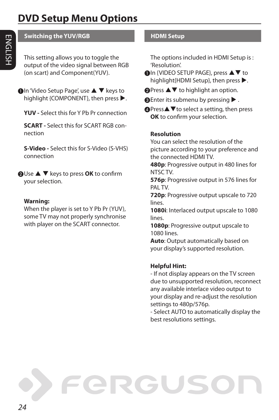 Dvd setup menu options, 24 english | Ferguson D-580 User Manual | Page 30 / 38
