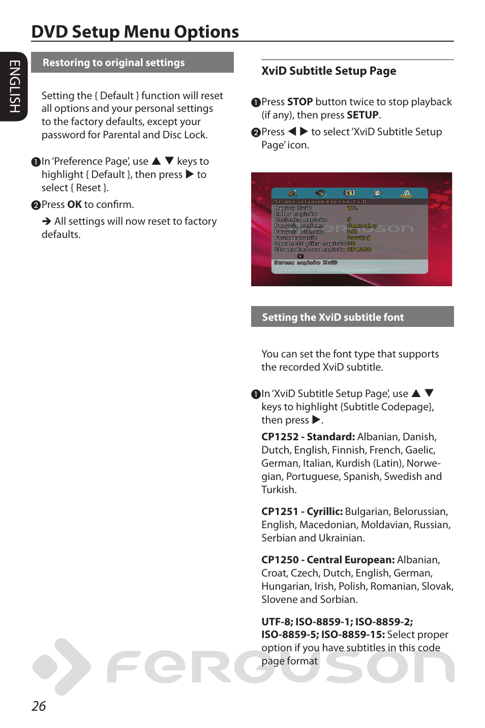 Dvd setup menu options, 26 english | Ferguson D-580 User Manual | Page 32 / 38